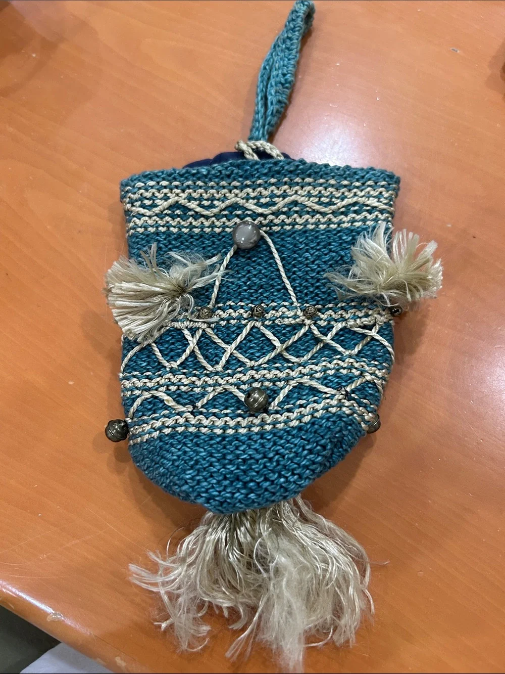 Teal and Cream Handwoven Tassel Wristlet Bag